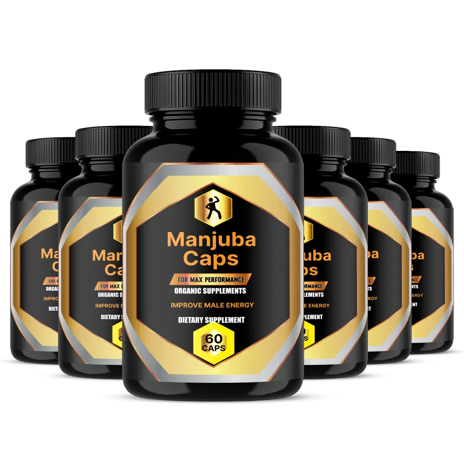 6 black bottles of Manjuba Caps natural prostate supplement for men arranged in a group – best value package